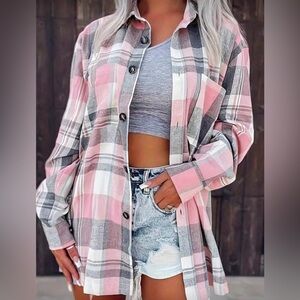 Plaid Button-Up Shirt - pink and gray